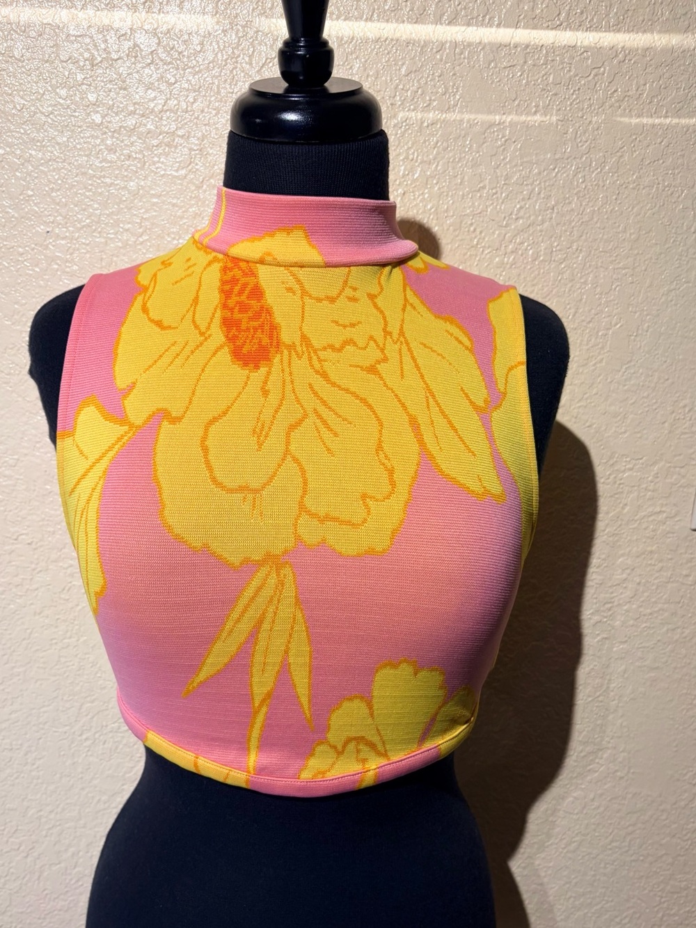Zara Pink & Yellow Floral Mock Neck Crop Top